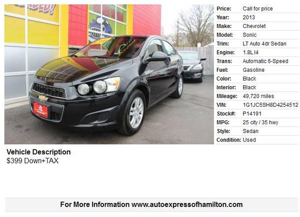 2013 Chevrolet Sonic $399 Down+TAX BUY HERE PAY HERE - cars & trucks... for sale in Hamilton, OH – photo 2