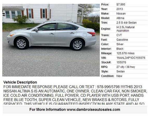 2013 Nissan Altima 2 5 S 4dr Sedan, 1 OWNER, 90 DAY WARRANTY! for sale in LOWELL, VT – photo 2