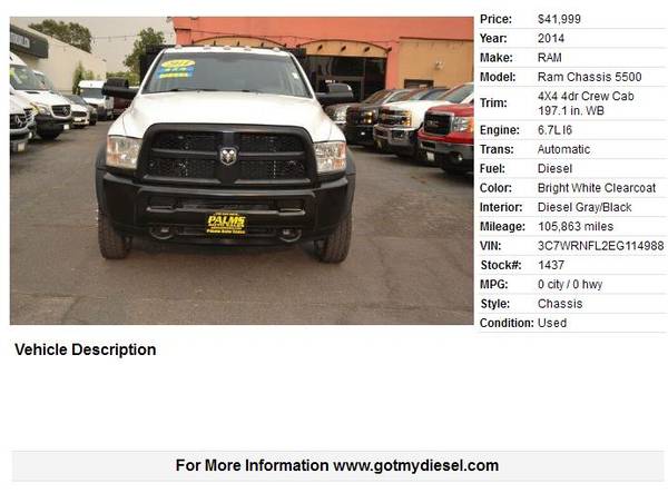 2014 Ram 5500 DRW 4x4 Tradesman Crew Chassis Cab Diesel - cars &... for sale in Citrus Heights, CA – photo 2