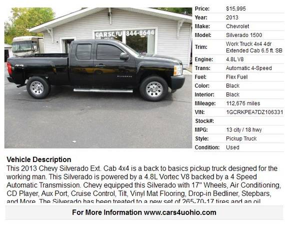 2013 Chevy Silverado 1500 Ext. Cab 4x4 with 112k Miles - cars &... for sale in Hamilton, OH – photo 2