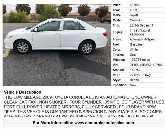 2009 Toyota Corolla LE 4dr Sedan 4A, LOW MILES, 90 DAY WARRANTY!!!! for sale in Lowell, MA – photo 2