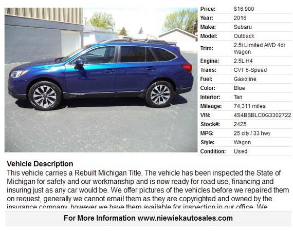 2016 Subaru Outback 2 5i Limited stk 2425 - - by for sale in Grand Rapids, MI – photo 2