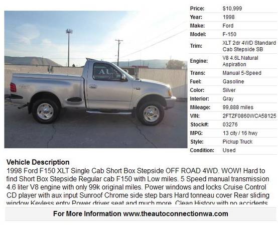 1998 Ford F-150 Short Box Step Side 4WD - cars & trucks - by dealer... for sale in Union Gap, WA – photo 2