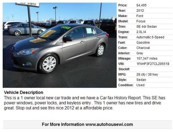 2012 Ford Focus SE 1 owner new tires sharp - cars & trucks - by... for sale in Waukesha, WI – photo 2