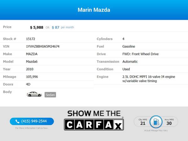2010 Mazda *Mazda6* *Mazda 6* *Mazda-6* *i* *Sport* FOR ONLY $87/mo!... for sale in San Rafael, CA – photo 2