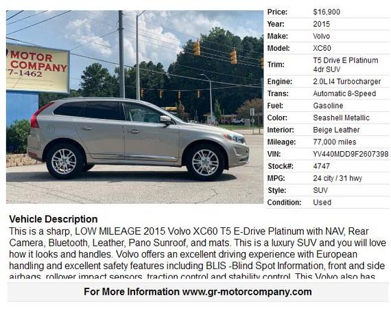 2015 Volvo XC60 T5 e-drive Platinum-Leather, NAV, Camera, Bluetooth!... for sale in Garner, NC – photo 2