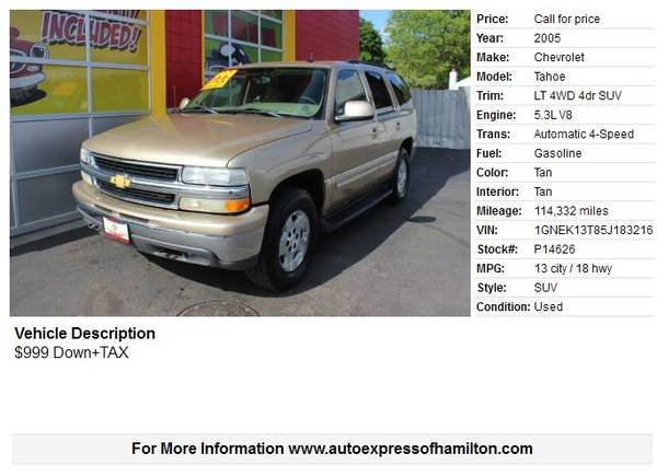 2005 Chevrolet Tahoe 999 Down TAX Buy Here Pay Here for sale in Hamilton, OH – photo 2