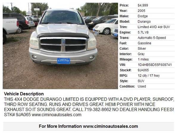 2005 Dodge Durango Limited 4WD 4dr SUV for sale in Fountain, CO – photo 2