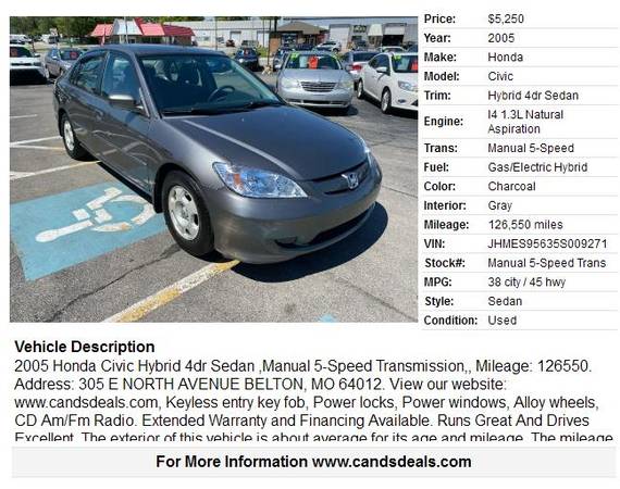 2005 Honda Civic Hybrid 4dr Sedan - - by dealer for sale in Belton, MO – photo 2
