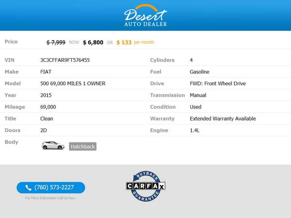2015 Fiat 500 69,000 MILES 1 OWNER Pop Hatchback that's priced BELOW... for sale in Palm Desert , CA – photo 2