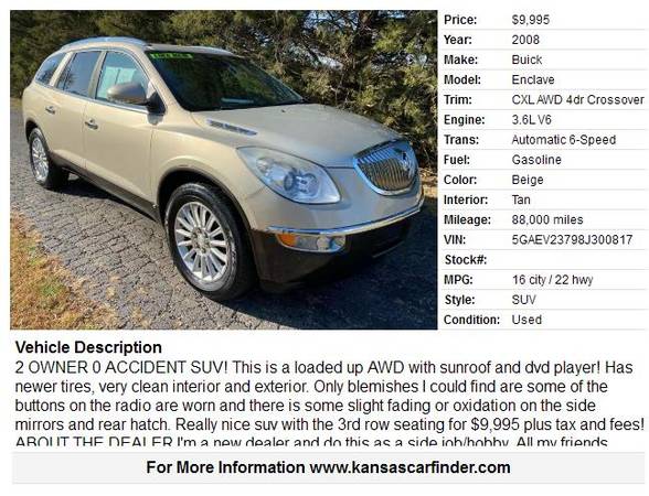 2008 BUICK ENCLAVE AWD **88,000 MILES**LEATHER, ROOF,DVD REMOTE... for sale in VALLLEY FALLS, KS – photo 2