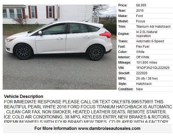 2016 Ford Focus Titanium 4dr Hatchback, 1 OWNER, 90 DAY WARRANTY! for sale in LOWELL, VT – photo 2