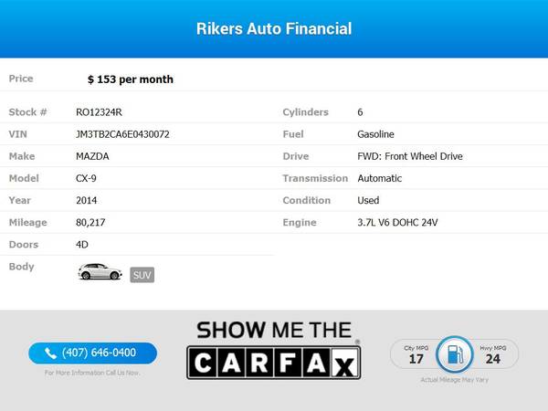 $153/mo - 2014 Mazda CX-9 Touring - 100 Approved! - cars & trucks -... for sale in Kissimmee, FL – photo 2