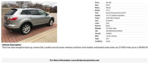 2012 Mazda CX-9 Grand Touring AWD 4dr SUV 214000 Miles - cars & for sale in Carmel, IN – photo 2