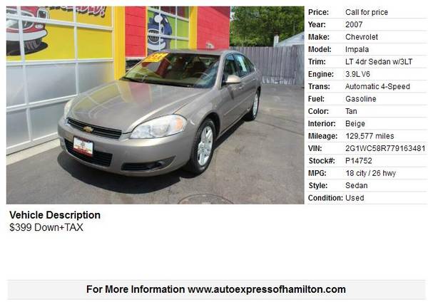 2007 Chevrolet Impala 399 Down TAX Buy Here Pay Here - cars & for sale in Hamilton, OH – photo 2