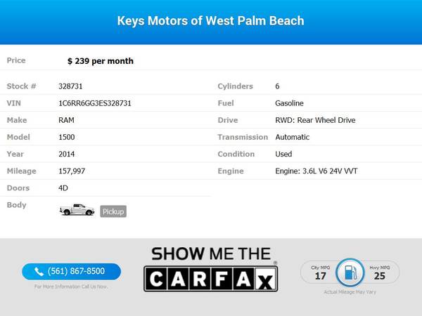 239/mo - 2014 Ram 1500 SLT Quad Cab - - by dealer for sale in West Palm Beach, FL – photo 2