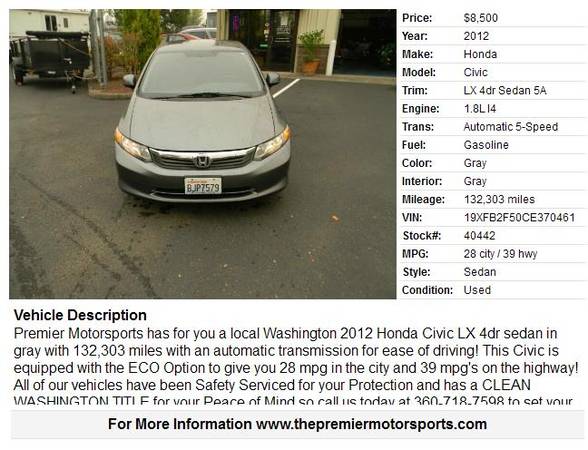 2012 Honda Civic LX 4DR Sedan Automatic - cars & trucks - by dealer... for sale in Vancouver, OR – photo 2