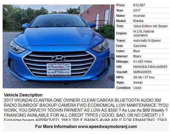 2017 Hyundai Elantra - cars & trucks - by dealer - vehicle... for sale in Paterson, NJ – photo 2