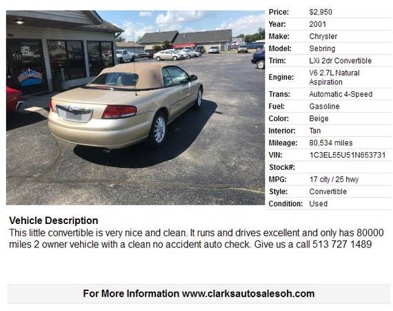2001 Chrysler Sebring LXi convertible 80 k miles $2950 for sale in Middletown, OH – photo 2
