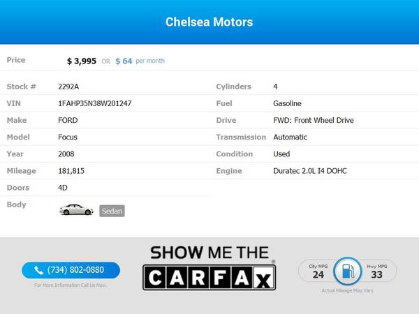 $64/mo - 2008 Ford Focus SES - Easy Financing! - cars & trucks - by... for sale in Chelsea, MI – photo 2