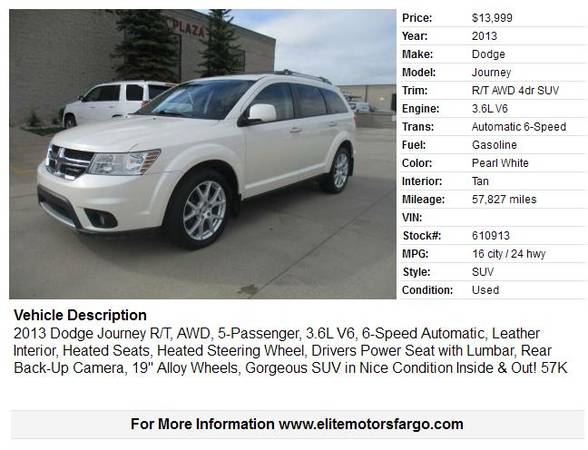 2013 Dodge Journey R/T, AWD, Leather, Loaded, 57K, Sharp for sale in Fargo, ND – photo 2