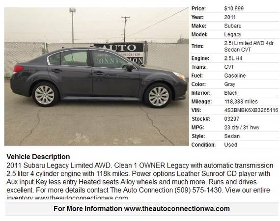 2011 Subaru Legacy Limited AWD - cars & trucks - by dealer - vehicle... for sale in Union Gap, WA – photo 2