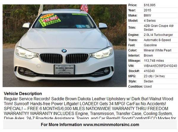2015 BMW 428i Gran Coupe - Regular Service Records! Leather!... for sale in Athens, TN – photo 2