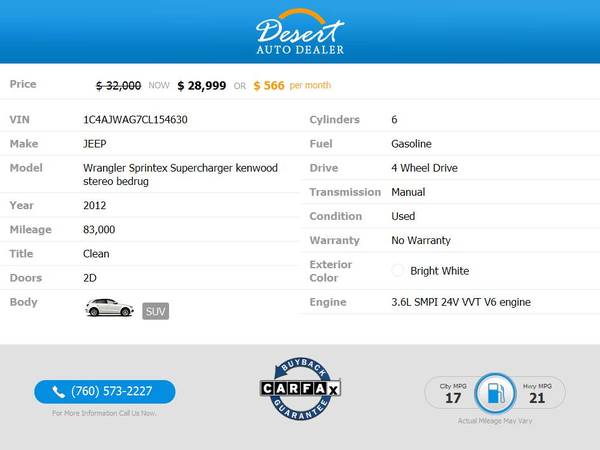 2012 Jeep Wrangler Sprintex Supercharger kenwood stereo bedrug Sport... for sale in Palm Desert , CA – photo 2