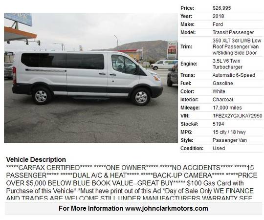 2018 FORD T350...15 PASSENGER VAN...ONE OWNER...LOW MILES for sale in East Wenatchee, WA – photo 2