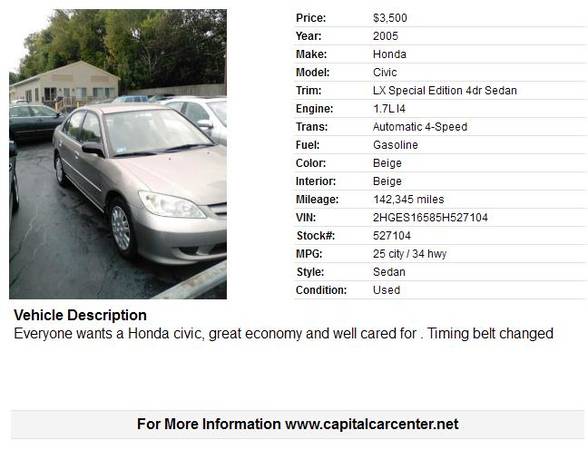 2005 Honda Civic LX Special Edition 4dr Sedan 142345 Miles for sale in Johnston, RI – photo 2