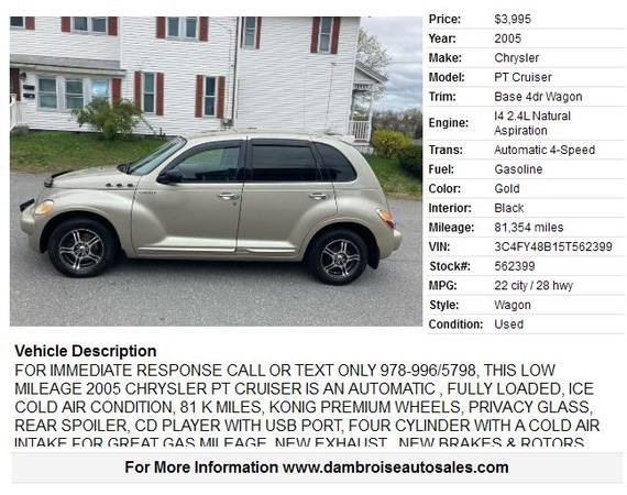 2005 Chrysler PT Cruiser Base 4dr Wagon LOW MILES 90 DAY for sale in LOWELL, RI – photo 2