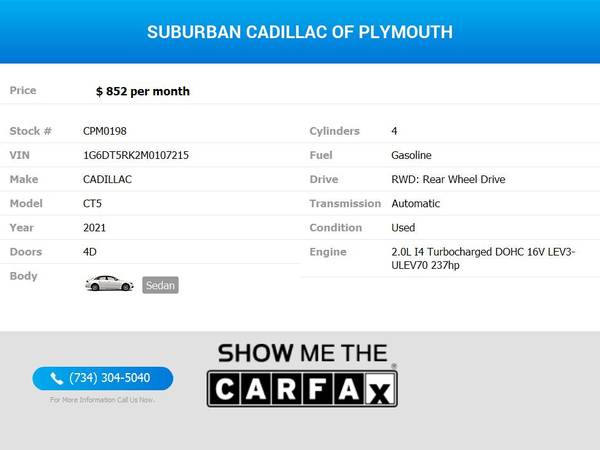 2021 Cadillac CT5 CT 5 CT-5 Premium Luxury AWD FOR ONLY 852/mo! for sale in Plymouth, MI – photo 2