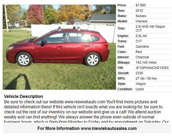 2012 Subaru Impreza 2.0i AWD stk #2335 - cars & trucks - by dealer -... for sale in Grand Rapids, MI – photo 2
