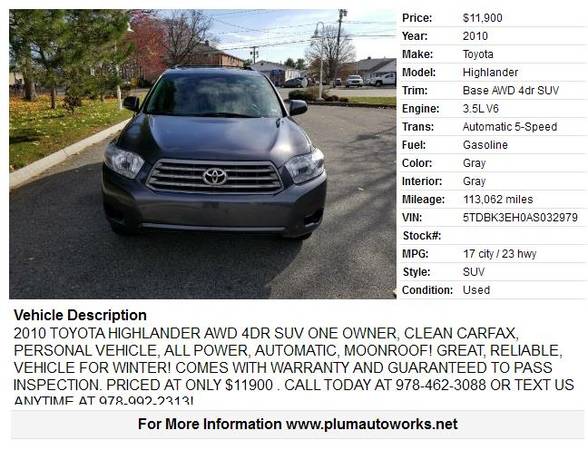 2010 TOYOTA HIGHLANDER AWD 4DR SUV ONE OWNER, CLEAN CARFAX - cars &... for sale in Newburyport, MA – photo 2