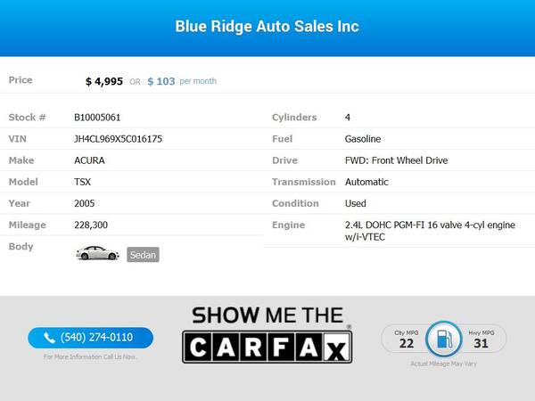 2005 Acura TSX Sdn AT Navi FOR ONLY - - by dealer for sale in Roanoke, VA – photo 2