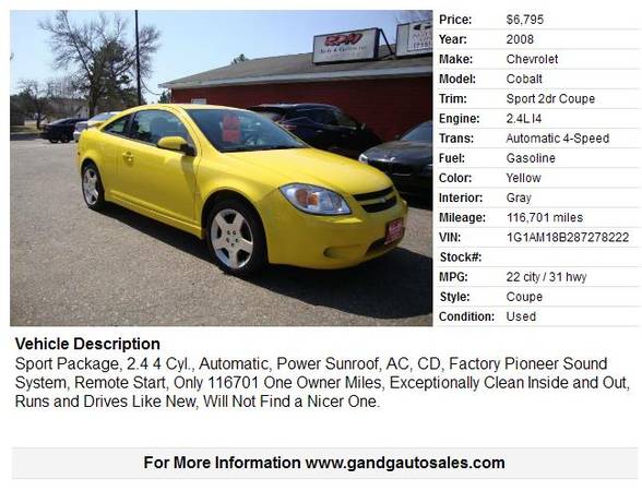 2008 Chevrolet Cobalt Sport 2dr Coupe 116701 Miles for sale in Merrill, WI – photo 2
