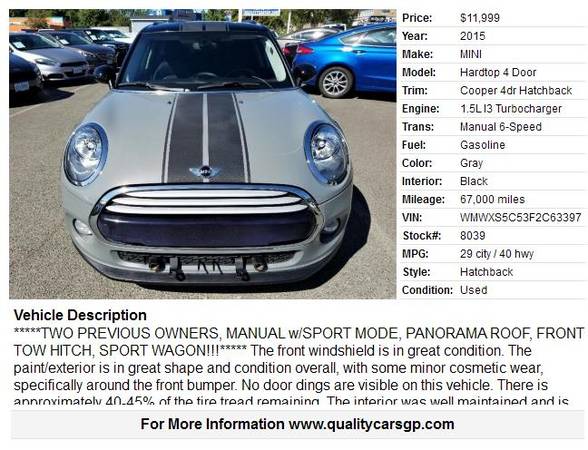 2015 MINI Cooper 4DR *2-OWNR, MANUAL, HTD LEATHR, DUAL MOON RF* Wow!! for sale in Grants Pass, OR – photo 2