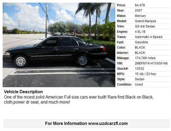 2007 Mercury Grand Marquis Black/black - cars & trucks - by dealer -... for sale in Pompano Beach, FL – photo 2