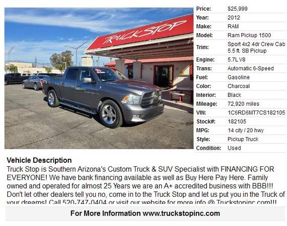 2012 RAM Ram Pickup 1500 Sport 4x2 4dr Crew Cab 5.5 ft. SB Pickup -... for sale in Tucson, AZ – photo 2