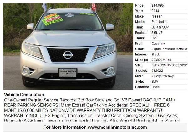 2014 Nissan Pathfinder S - 1 Owner! 3rd Row! Backup Cam! Many for sale in Athens, TN – photo 2