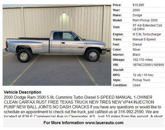 2000 Dodge Ram 3500 // 5.0 CUMMINS // 102k MILES! // 5-SPEED MANUAL... for sale in Clearwater, KS – photo 2