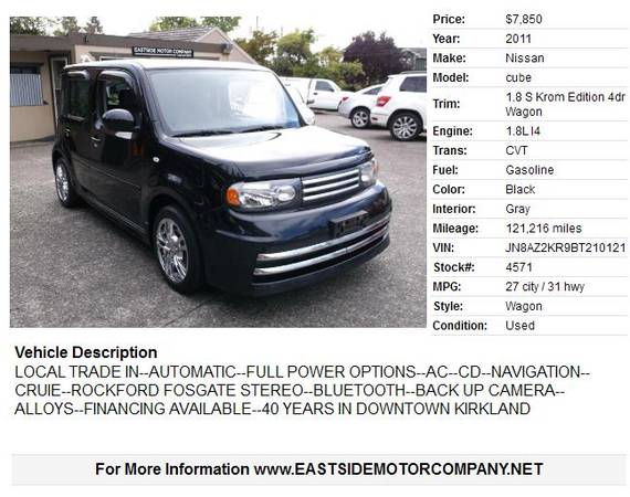 2011 Nissan cube 1 8 S Krom Edition 4dr Wagon - - by for sale in Kirkland, WA – photo 2
