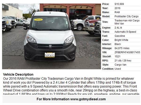 2016 Ram Promaster City Tradesman 4dr Cargo Mini Van for sale in Citrus Heights, CA – photo 2