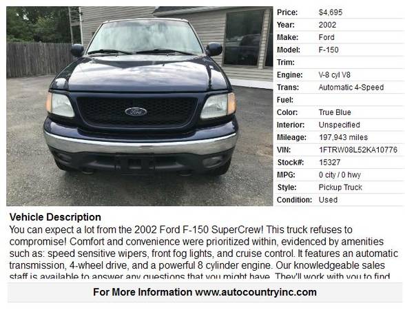 2002 FORD F150 4X4,XLT, 4 DR, NEW TIRES for sale in Abington, MA – photo 2
