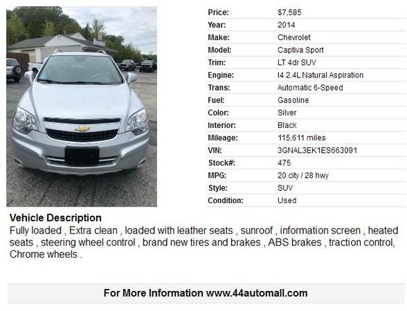2014 Chevrolet Captiva Sport LT 4dr SUV 115611 Miles for sale in Smithfield, RI – photo 2