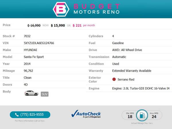 2014 Hyundai Santa Fe Sport SUV 96, 762 255/mo - - by for sale in Reno, NV – photo 2