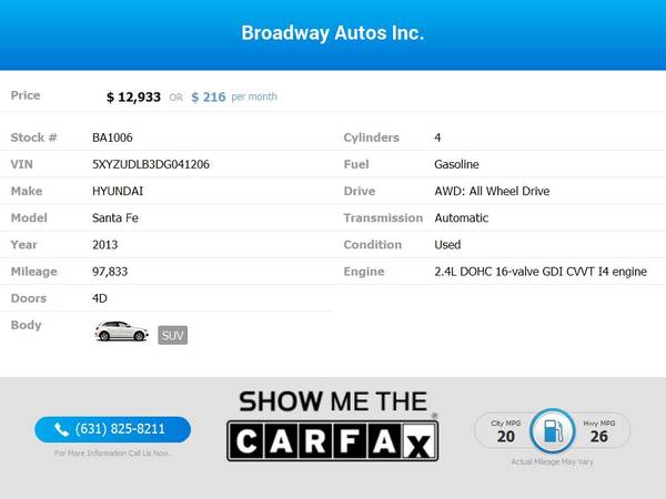 2013 Hyundai Santa Fe AWDSport FOR ONLY 216/mo! for sale in Amityville, NY – photo 2
