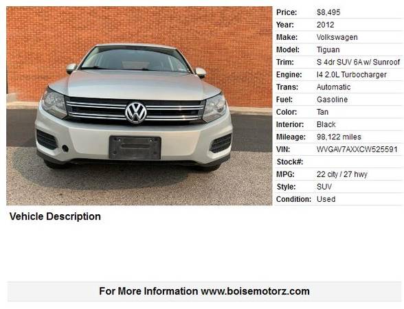 2012 Volkswagen Tiguan S ~~~~~~LOW MILES ~~~~~GREAT ON GAS~~~~~~~ -... for sale in Boise, ID – photo 2