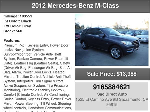 2012 Mercedes-Benz M-Class ML350 4MATIC 103K MILES CLEAN TITLE for sale in Sacramento , CA