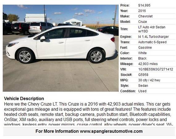 2016 CHEVY CRUZE LT*42K*BACKUP CAM*REMOTE START*HEATED SEATS*CLEAN!! for sale in Glidden, IA – photo 2